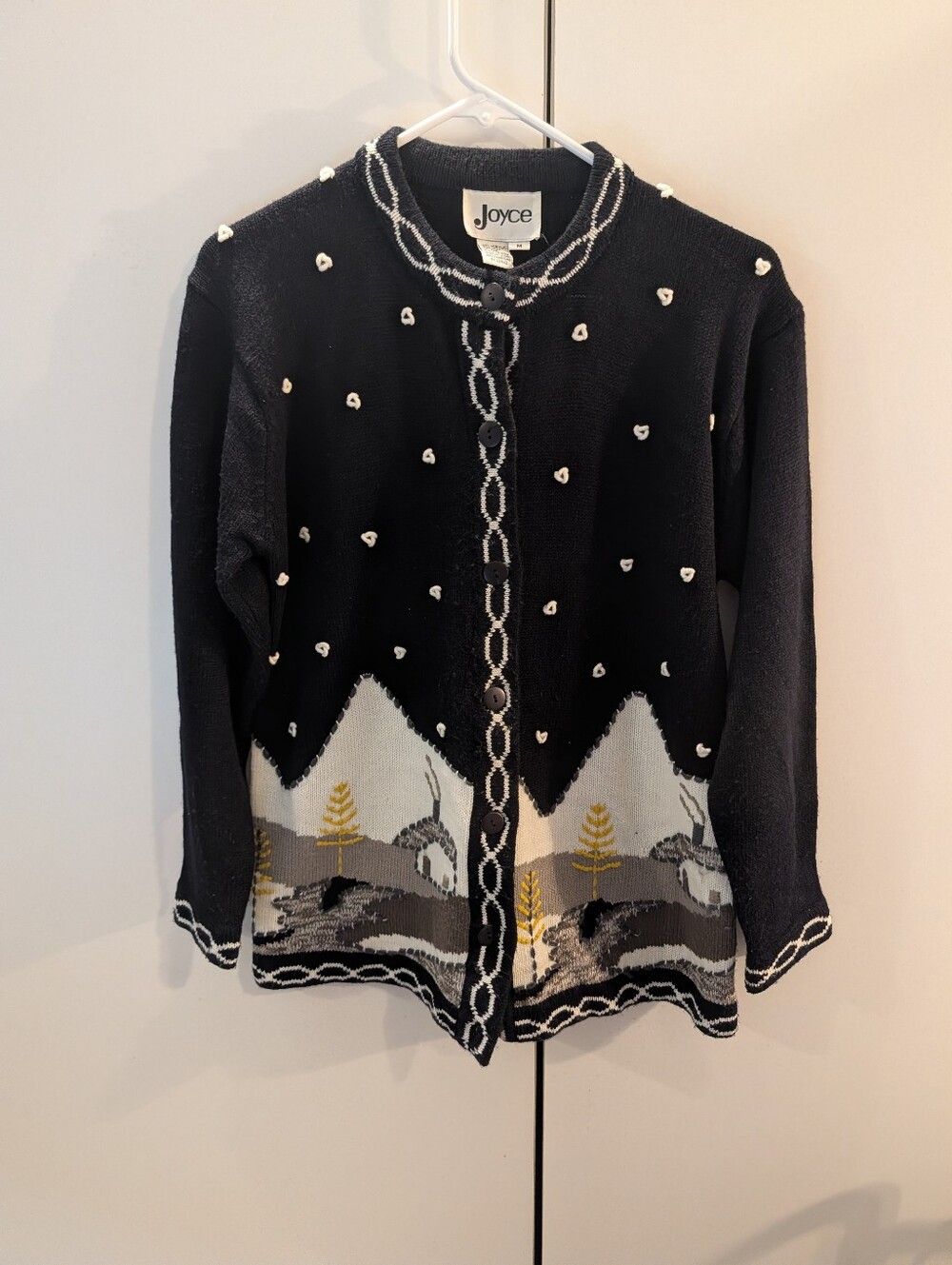 Joyce Vintage Blue/White Landscape Print Scenic Knit Cardigan Sweater Medium By